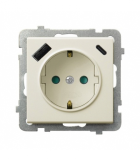 SONATA GP-1RSPUSBAC/m/27 Gniazdo pojedyncze z uziemieniem schuko z przesłonami torów prądowych, z ładowarką USB A+C Ecru Ospel