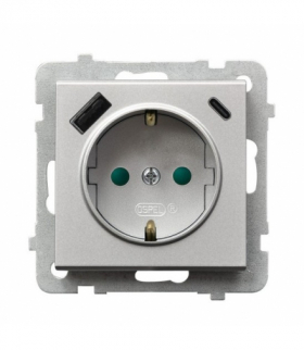 SONATA GP-1RSPUSBAC/m/38 Gniazdo pojedyncze z uziemieniem schuko z przesłonami torów prądowych, z ładowarką USB A+C Srebro Mat Ospel