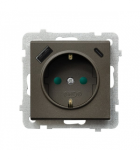 SONATA GP-1RSPUSBAC/m/40 Gniazdo pojedyncze z uziemieniem schuko z przesłonami torów prądowych, z ładowarką USB A+C Czekoladowy Metalik Ospel