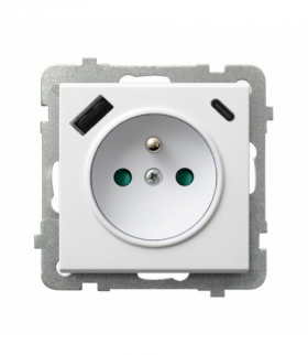 SONATA GP-1RZPUSBAC/m/00 Gniazdo pojedyncze z uziemieniem z przesłonami torów prądowych, z ładowarką USB A+C Biały Ospel