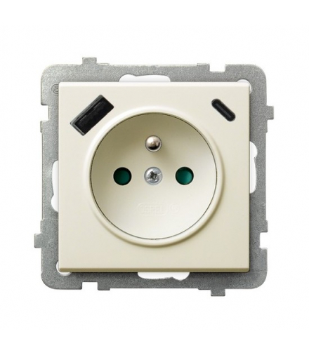 SONATA GP-1RZPUSBAC/m/27 Gniazdo pojedyncze z uziemieniem z przesłonami torów prądowych, z ładowarką USB A+C Ecru Ospel