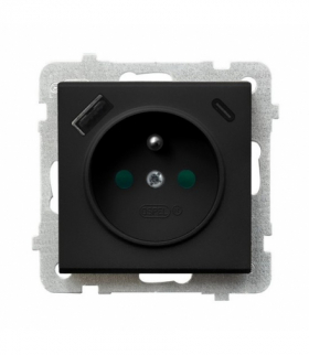 SONATA GP-1RZPUSBAC/m/33 Gniazdo pojedyncze z uziemieniem z przesłonami torów prądowych, z ładowarką USB A+C Czarny Metalik Ospel