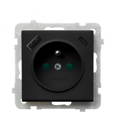 SONATA GP-1RZPUSBAC/m/33 Gniazdo pojedyncze z uziemieniem z przesłonami torów prądowych, z ładowarką USB A+C Czarny Metalik Ospel