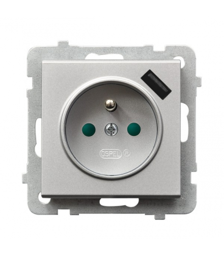 SONATA GP-1RZPUSBAC/m/38 Gniazdo pojedyncze z uziemieniem z przesłonami torów prądowych, z ładowarką USB A+C Srebro Mat Ospel