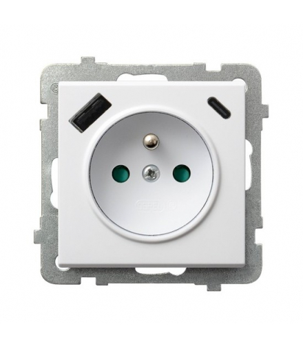 SONATA GP-1RZPUSBAC/m/75 Gniazdo pojedyncze z uziemieniem z przesłonami torów prądowych, z ładowarką USB A+C Biały Mat Ospel