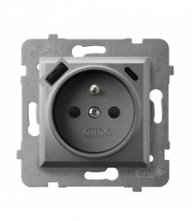 ARIA GP-1UZPUSBAC/m/70 Gniazdo pojedyncze z uziemieniem z przesłonami torów prądowych, z ładowarką USB A+C Szary Mat Ospel