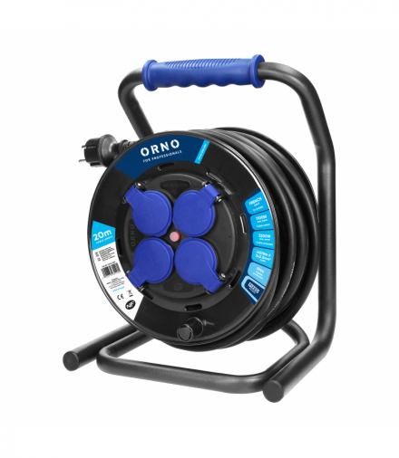 Przedłużacz bębnowy profesjonalny IP44, 4 gniazda 2P+Z, kabel gumowy olejoodporny, H07RN-F 3x2,5mm², długość 20m, unikatowy stojak CUBE, STAŁE GNIAZDA, termik, przesłony torów prądowych Orno OR-AE-13293(GS)/20M