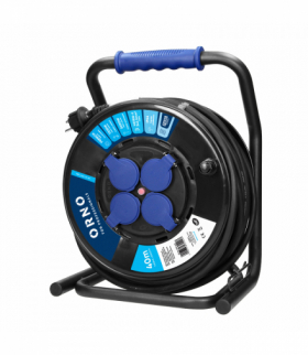 Przedłużacz bębnowy profesjonalny IP44, 4 gniazda 2P+Z (Schuko), kabel gumowy olejoodporny, H07RN-F 3x2,5mm², długość 40m, unikatowy stojak CUBE, STAŁE GNIAZDA, termik, przesłony torów prądowych. Orno OR-AE-13294(GS)/40M