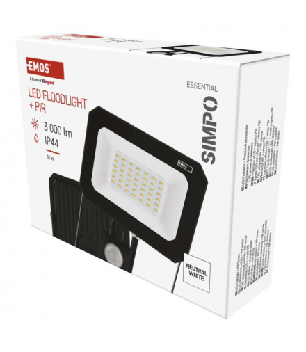 Naświetlacz LED SIMPO 30W, z czujn. PIR, czarny, neutralna biel EMOS ZS2333
