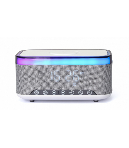 Cyfrowy budzik z funkcją bezprzewodowego ładowania, radio dab/fm rgb biało-szary Gembird DAC-SPKBT-QC15-GR