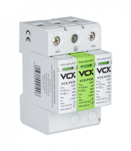 Ogranicznik przepięć fotowoltaiczny DC B+C 3P 1200V (T1+T2) 5kA PV30 (iskiernikowy) VCX