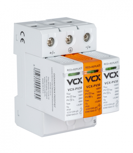 Ogranicznik przepięć fotowoltaiczny DC B+C 3P 1200V (T1+T2) 14kA PV30 (iskiernikowy) VCX