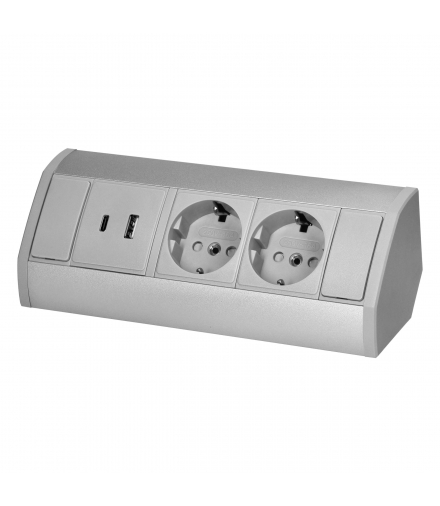 Gniazdo meblowe 2x2P+Z (Schuko), 2xUSB (typ A+C 2,4A), szaro-srebrne Orno OR-GM-9039(GS)/G