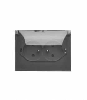 Gniazdo wtyczkowe podwójne kompaktowe z uziemieniem w wersji IP44 z przesłonami torów prądowych - klapka w kolorze transparentnym, 16A, zaciski śrubowe, ciemnoszary Simon Aquaclick ACGZ2Z/18A