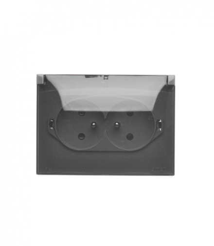 Gniazdo wtyczkowe podwójne kompaktowe z uziemieniem w wersji IP44 z przesłonami torów prądowych - klapka w kolorze transparentnym, 16A, zaciski śrubowe, ciemnoszary Simon Aquaclick ACGZ2Z/18A