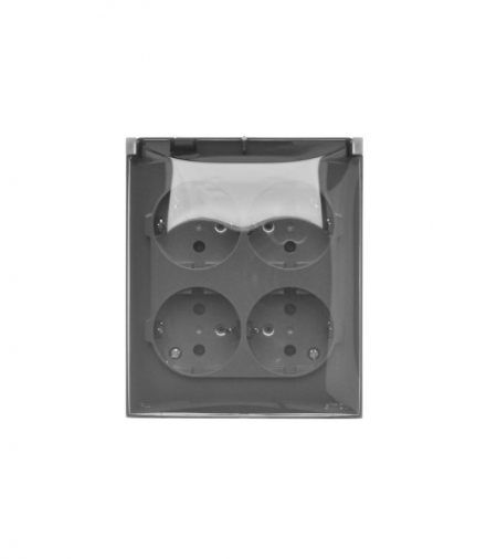 Gniazdo wtyczkowe poczwórne z uziemieniem typu Schuko - z przesłonami torów prądowych - w wersji IP44 - klapka w kolorze transparentnym, 16A, zaciski śrubowe, ciemnoszary Simon Aquaclick ACGSZ4Z/18A