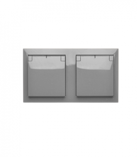 Gniazdo wtyczkowe podwójne z uziemieniem w wersji IP44 z przesłonami torów prądowych - klapka w kolorze pokrywy, 16A, szybkozłącza, ciemnoszary Simon Aquaclick ACGZ21CZS/18