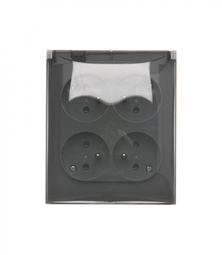 Gniazdo wtyczkowe poczwórne z uziemieniem - z przesłonami torów prądowych - w wersji IP44 - klapka w kolorze transparentnym, 16A, szybkozłącza, ciemnoszary Simon Aquaclick ACGZ4CZ/18A