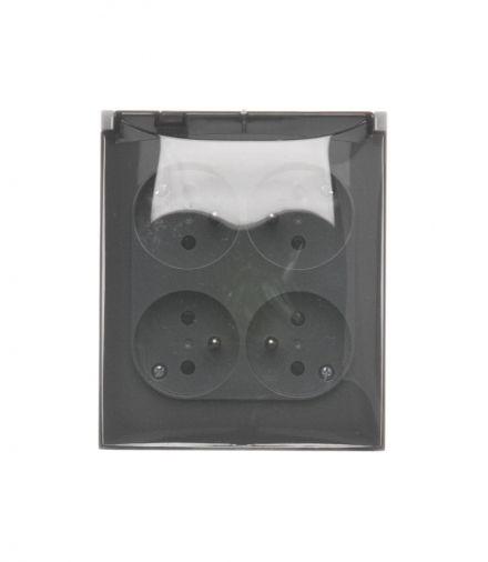 Gniazdo wtyczkowe poczwórne z uziemieniem - z przesłonami torów prądowych - w wersji IP44 - klapka w kolorze transparentnym, 16A, zaciski śrubowe, ciemnoszary Simon Aquaclick ACGZ4Z/18A