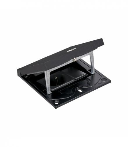 Wkład puszki podłogowej, czarny, IP66, IK08, 1,5×K45, gniazdo typ E (bolec), zamek z ułatwionym dostępem, zaślepka 22,5x45 mm na złącza RJ45 lub multimedialne KGT KFH120/74