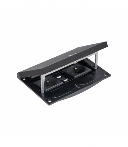 Wkład puszki podłogowej, czarny, IP66, IK08, 2,5×K45, 2 gniazda typ F (schuko), 2 moduły RJ45 kat. 5e UTP, zamek z ułatwionym dostępem KGT KFH215U/74