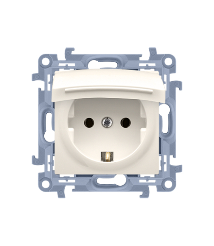 Gniazdo wtyczkowe pojedyncze do wersji IP44 z uziemieniem typu Schuko - z uszczelką ramki - klapka w kolorze pokrywy, 16A, kremowy Simon 10 CGSZ1BC.01/41