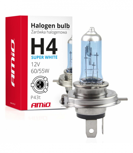 Żarówka halogenowa H4 12V 60/55W filtr UV (E8) Super White AMiO 01269