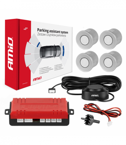 Zestaw czujników parkowania cofania Buzzer 4 sensory srebrne AMiO 01021