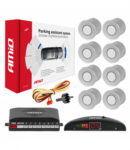 Zestaw czujników parkowania cofania LED 8 sensorów srebrne AMiO 01598