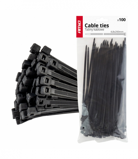 Taśmy opaski zaciskowe kablowe czarne 4,8x200mm - 100 szt. AMiO 02155