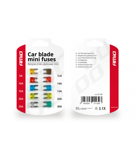 Bezpieczniki samochodowe płytkowe mini zestaw 10 szt. AMiO 01139