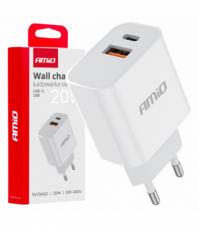 Ładowarka sieciowa PRO-09 USB + USB-C 20W Quick Charge 230V AMiO 02935
