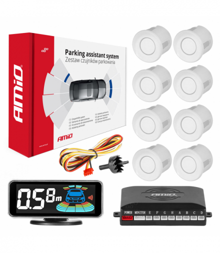 Czujniki parkowania cofania białe LED 3D przód tył AMiO 03194