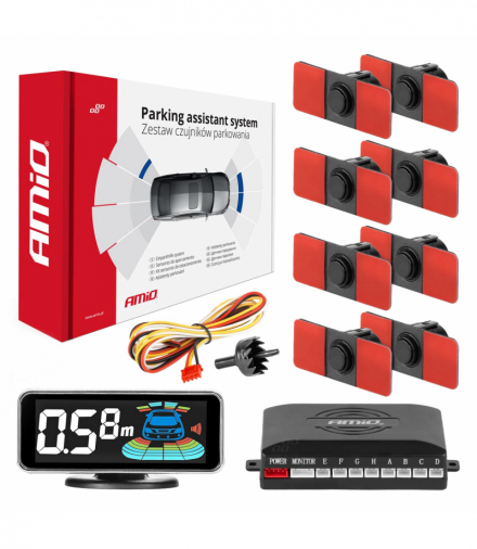 Czujniki parkowania cofania czarne wewnętrzne 16,5mm 8szt LED 3D AMiO 03196