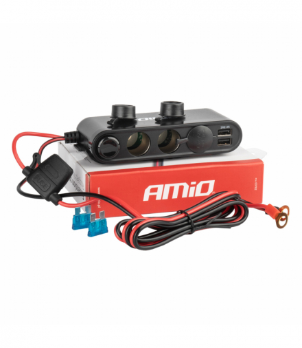 Rozdzielacz rozgałęźnik trójnik zapalniczki + woltmierz ładowarka USB USB-C 12V 24V AMiO 03782