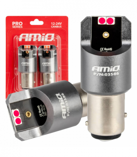 Żarówki LED CANBUS PRO BAY15D P21/5W 4x3030 SMD czerwone 12V 24V AMiO 03586