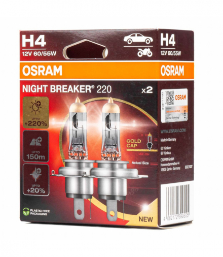 Żarówki halogenowe Osram H4 12V 60/55W P43t NIGHT BREAKER +220% /2 szt./ Osram O-64193NB220-2HB DUO