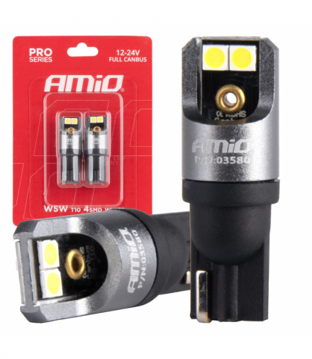 Żarówki LED FULL CANBUS PRO T10 W5W 4x3030 SMD białe 12V 24V AMiO 03580