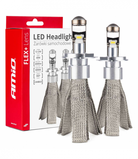 Żarówki samochodowe LED seria FLEX+ H4 soczewka 12V 24V 6000K Canbus AMiO 03658