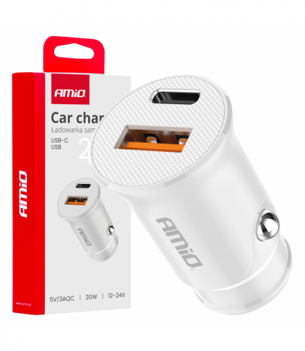 Ładowarka samochodowa USB-A + USB-C 20W AMiO 03877