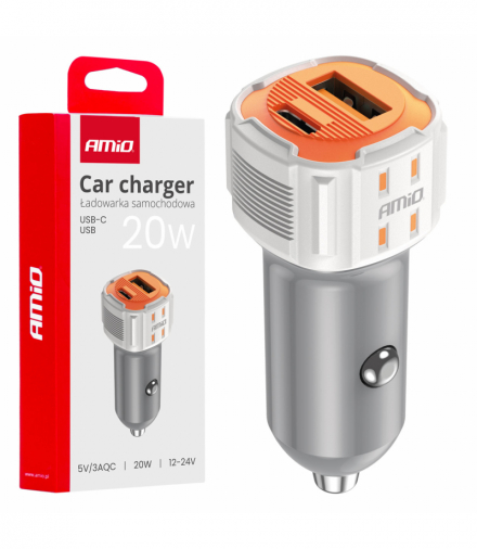 Ładowarka samochodowa USB-A+ USB-C 20W AMiO 03882