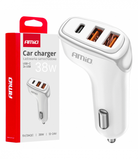 Ładowarka samochodowa 2x USB-A + USB-C 38W AMiO 03886