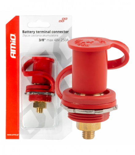 Złącze zasilania akumulatora czerwone plus z zaślepką 3/8 M10 12V 24V 48V 250A AMiO 03814