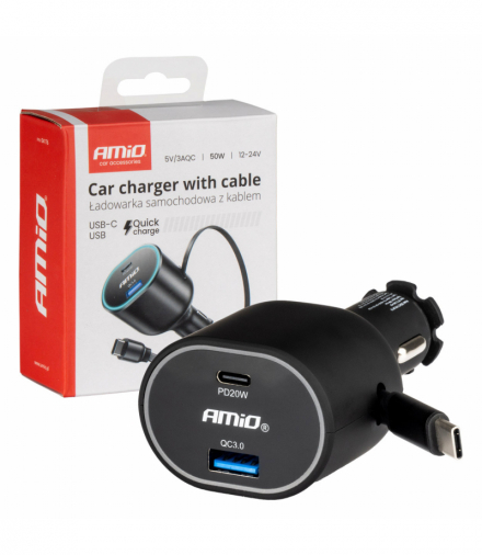 Szybka ładowarka samochodowa ze zwijanym kablem 50W PD30W PD20W + QC3.0 USB-A USB-C AMiO 04176