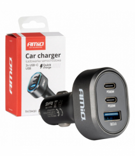 Szybka ładowarka samochodowa 85W QC3.0 PD65W PD20W 2x USB-C 1x USB-A AMiO 04177