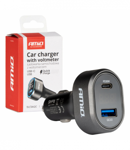 Szybka ładowarka samochodowa z woltomierzem 48W PD30W QC3.0 USB-A USB-C AMiO 04178