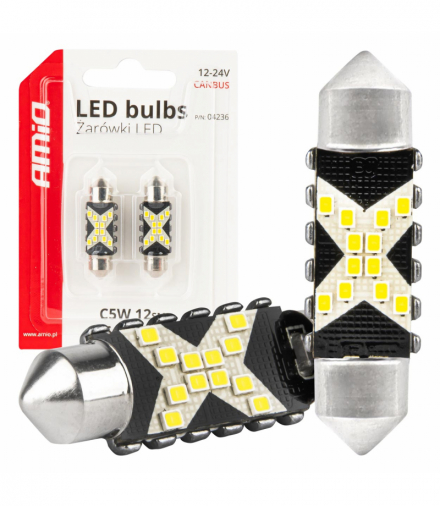 Żarówki LED CANBUS Festoon C5W 12SMD 2016 36mm White 12V 24V AMiO 04236