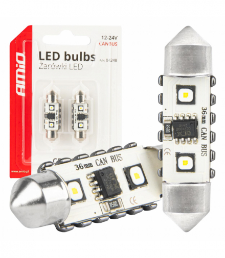 Żarówki LED CANBUS Festoon C5W 2SMD 3838 36mm White 12V 24V AMiO 04248