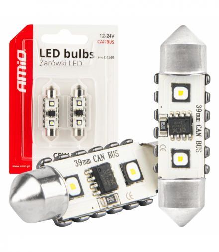 Żarówki LED CANBUS Festoon C5W 2SMD 3838 39mm White 12V 24V AMiO 04249