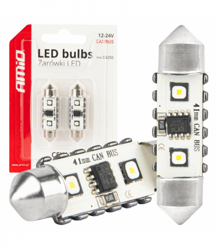 Żarówki LED CANBUS Festoon C5W 2SMD 3838 41mm White 12V 24V AMiO 04250